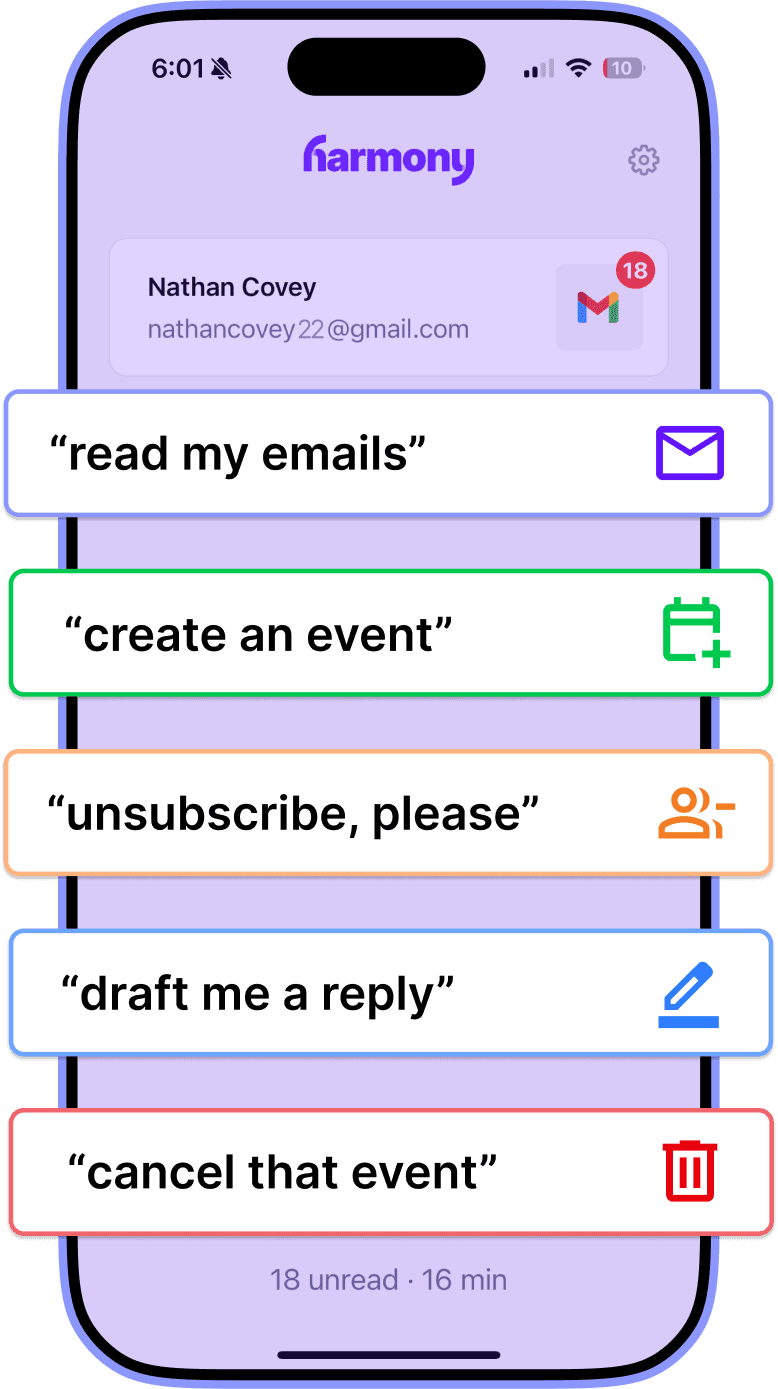 Harmony AI Email & Calendar Assistant App - Voice-controlled Gmail and Google Calendar management interface