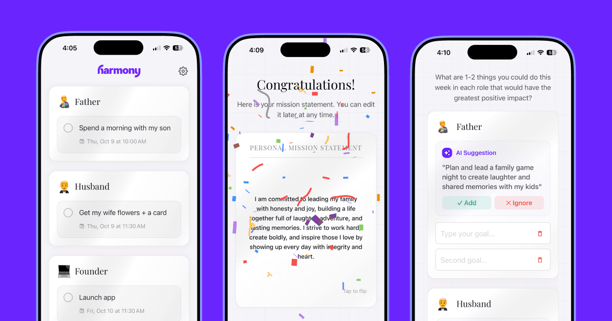 Harmony helps you create a mission statement, weekly plan based on your roles, and time block those goals