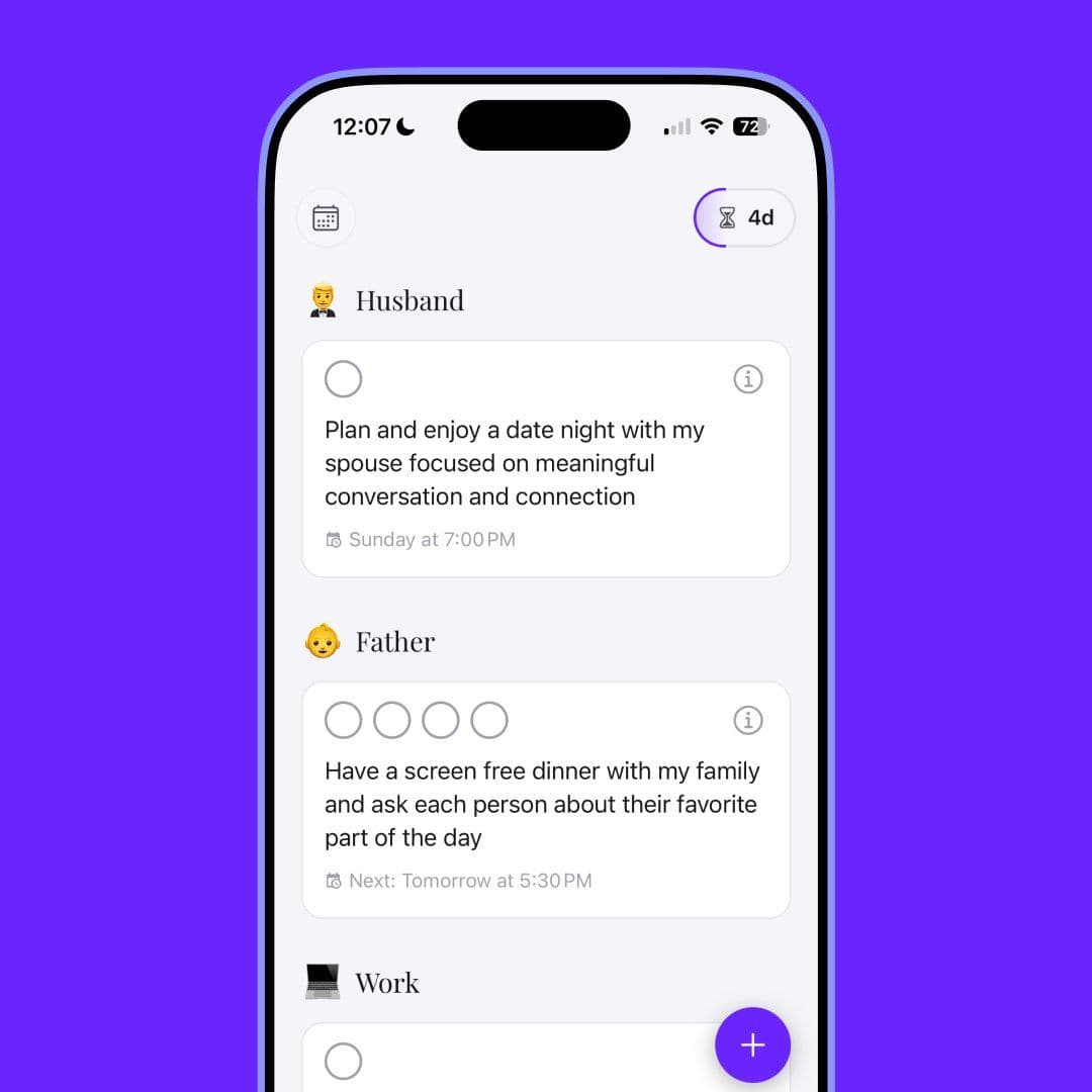 Screenshot of the Harmony planning app. You can't see all of them here, but my current roles are Husband, Father, Work, Disciple, and Health